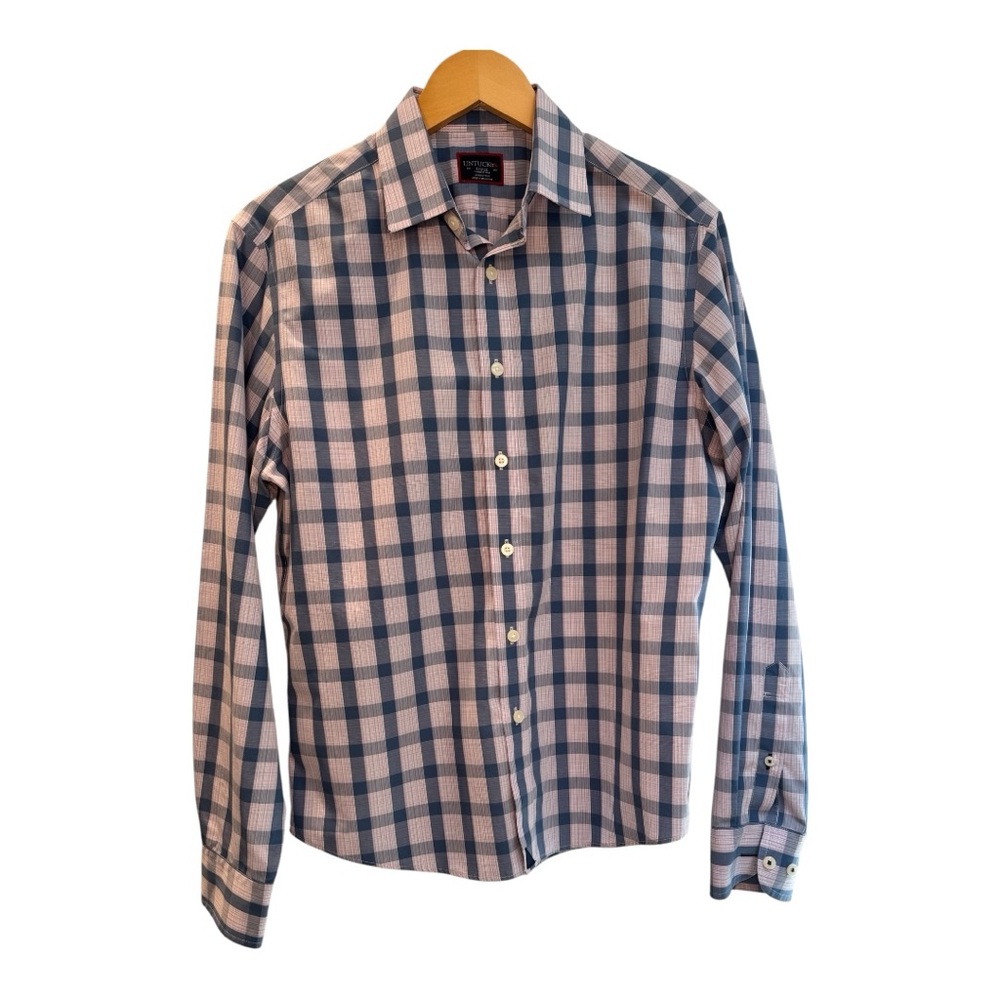 UNTUCKit Button Down Shirt Mens Small Blue Gingham Wrinkle Free Long Sleeve